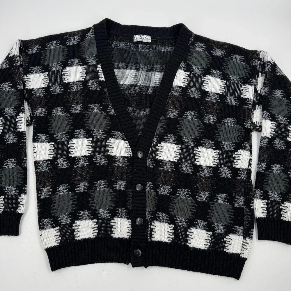 Vintage AREA Black White Gray Plaid Button V Neck Cardigan Sweater Men's Large